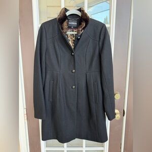 Express Elegant Black Pea Coat with Faux Fur Trim